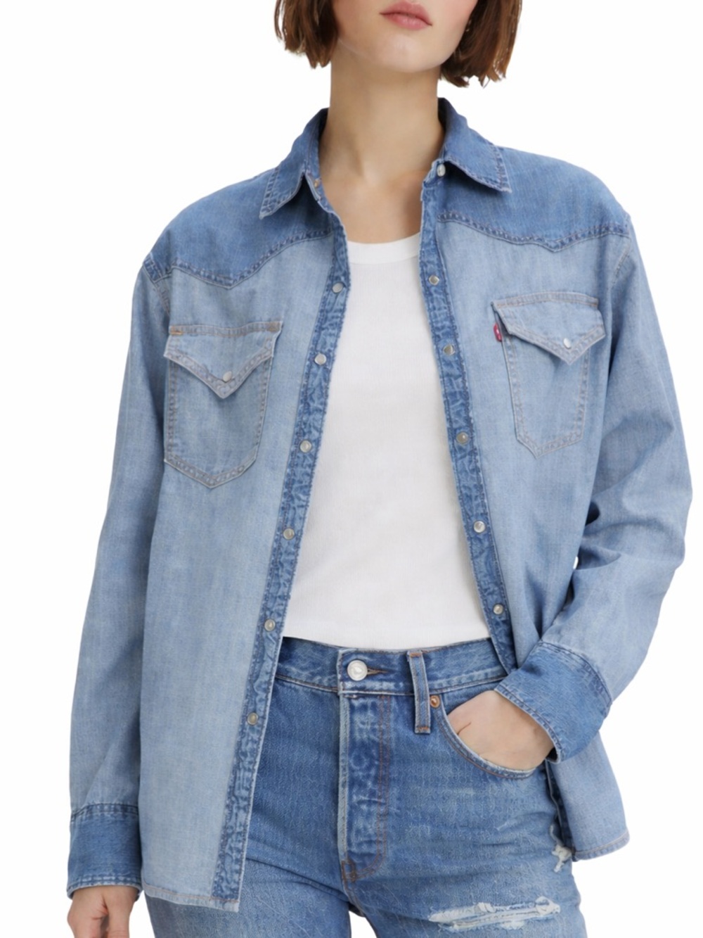 Levi's Oversized Two Toned Blue Denim Western Pearl Snap Shirt Women’s Sz Small